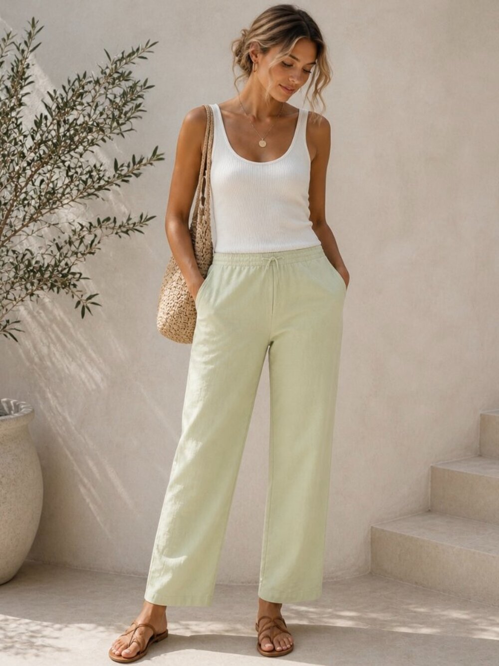 Sage Green Linen Wide Leg Pants Drawstring High Rise Coastal Resort Sz 8-10